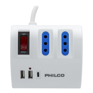 Alargador Eléctrico PHILCO 3 Posiciones + 2 USB + 1 USB-C 1.5 Metros Blanco Switch